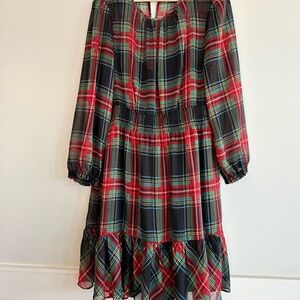 J. Crew Red and Green Midi Dress with Bishop Sleeves